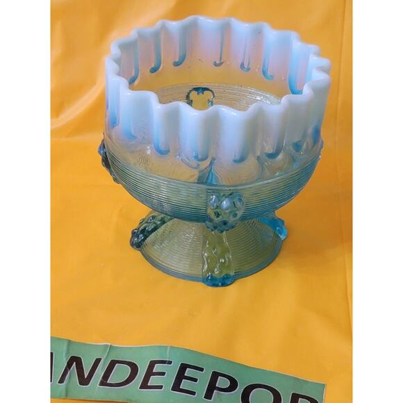 Vintage Northwood Button Panel Blue Opalescent Crimped Top Glass Candy Dish - Picture 8 of 11